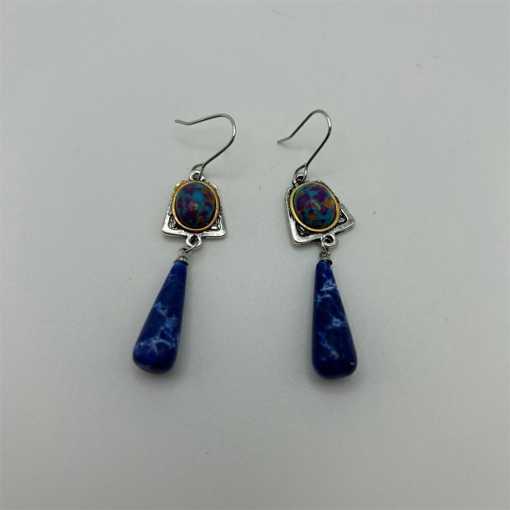 Beautiful Faux Lapis Lazuli Blue Stone Teardrop Dangle Earrings Silver Tone Hook - Picture 7 of 10